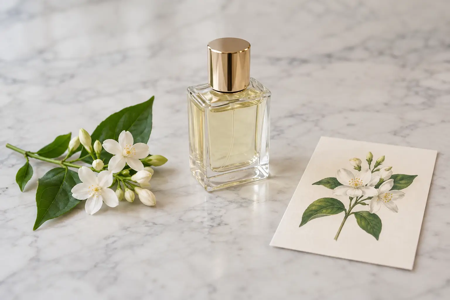 A flowering sprig, an unlabelled fragrance bottle, and a flower illustration arranged separately on a clean surface.
