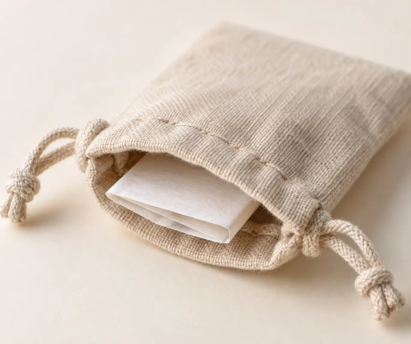 Close view of a plain fabric amulet pouch with a folded paper insert partly visible.