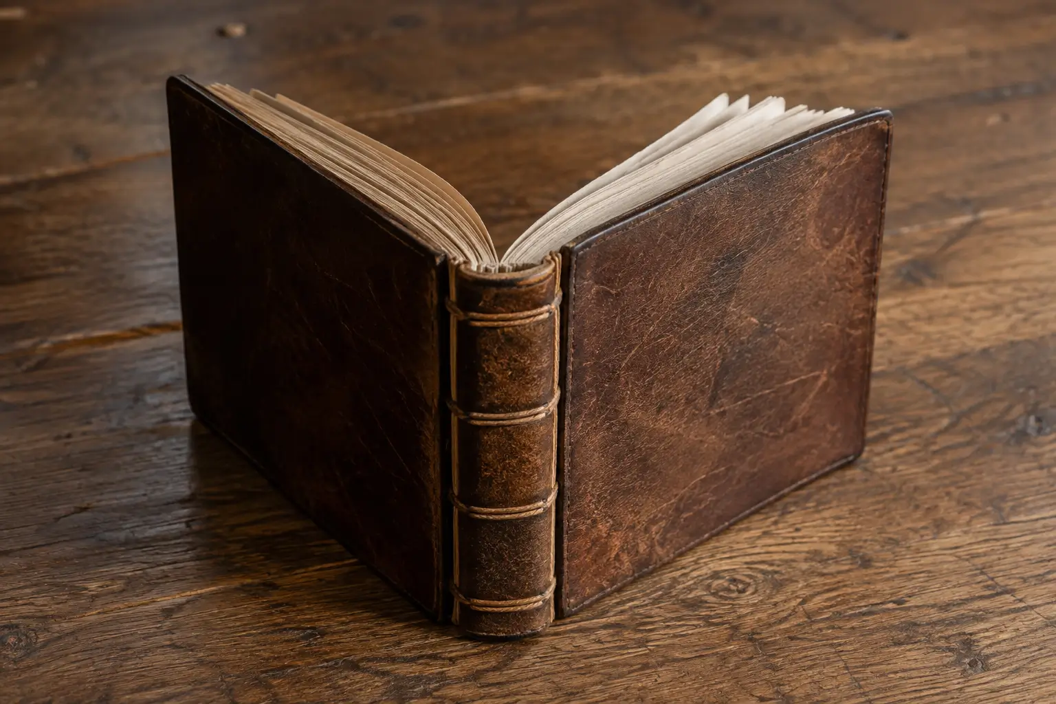 Leather-bound journal resting partially open without being forced flat.