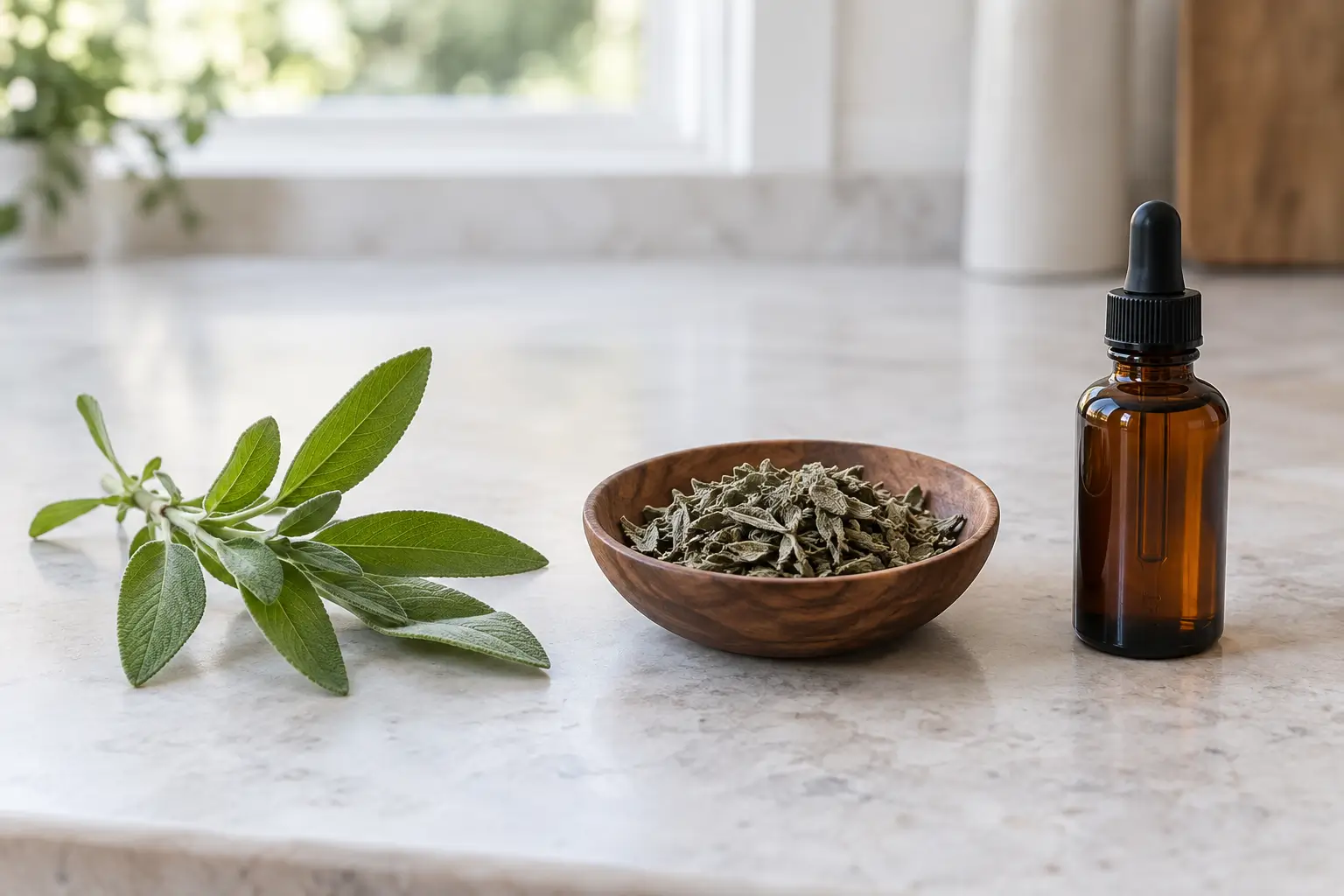 An intact leafy cutting, a bowl of dried leaves, and a closed amber dropper bottle arranged separately on a work surface.