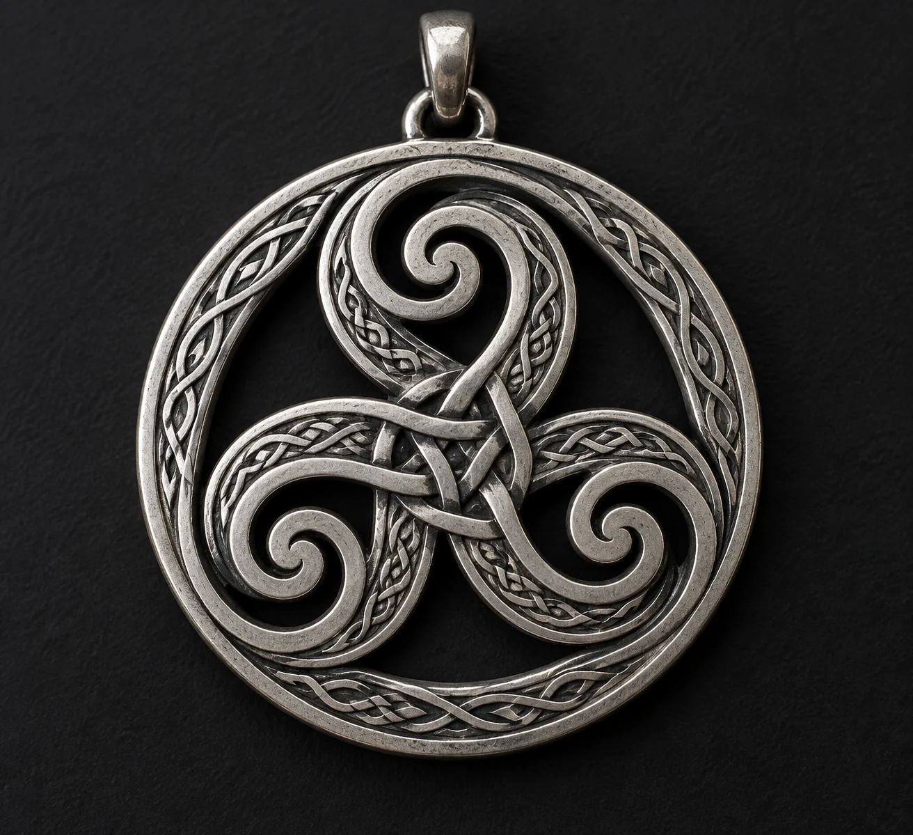 Close view of one ornate metal pendant with an ambiguous three-part engraved motif.