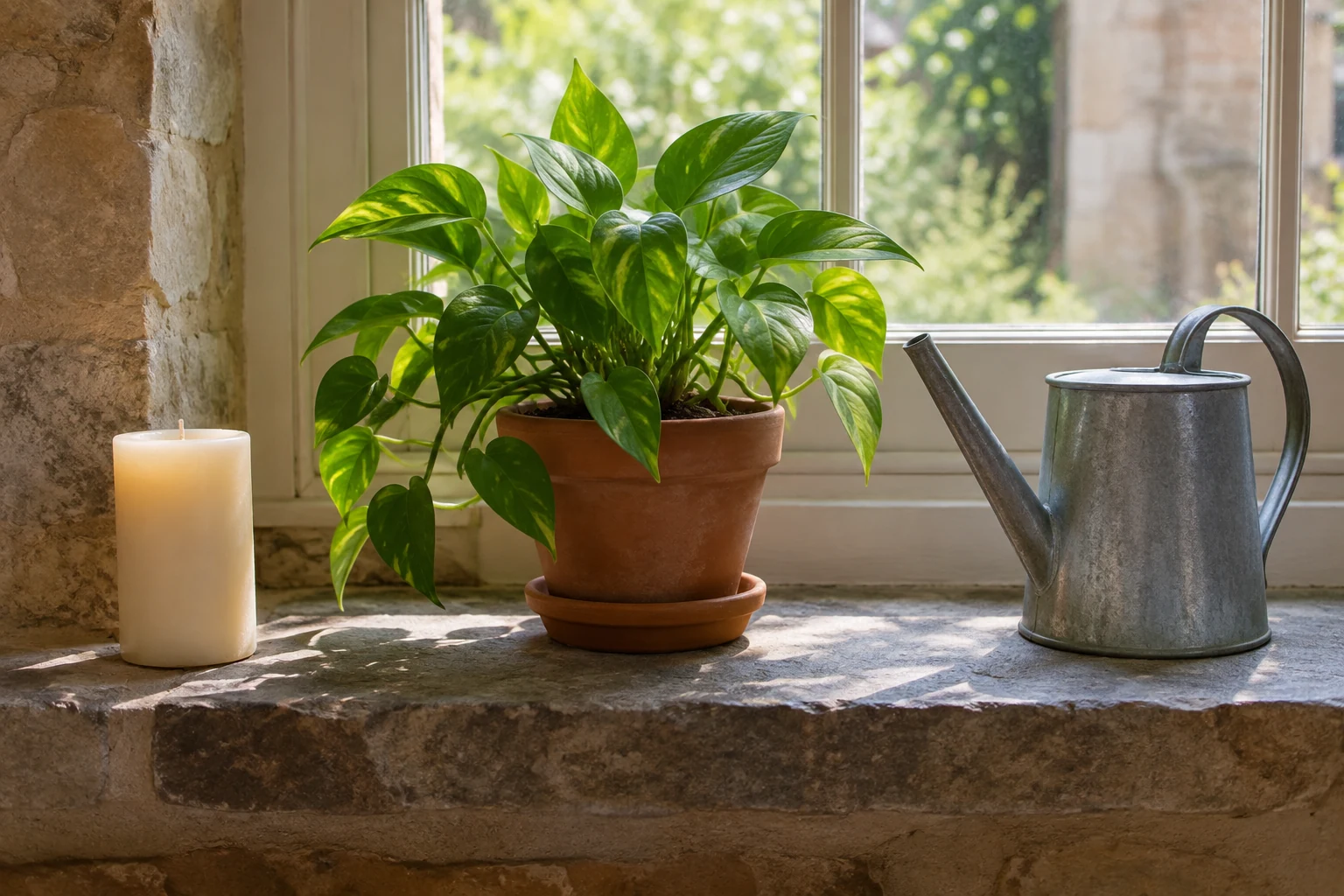 An unlit candle beside a potted plant and an upright watering can in a home care corner.