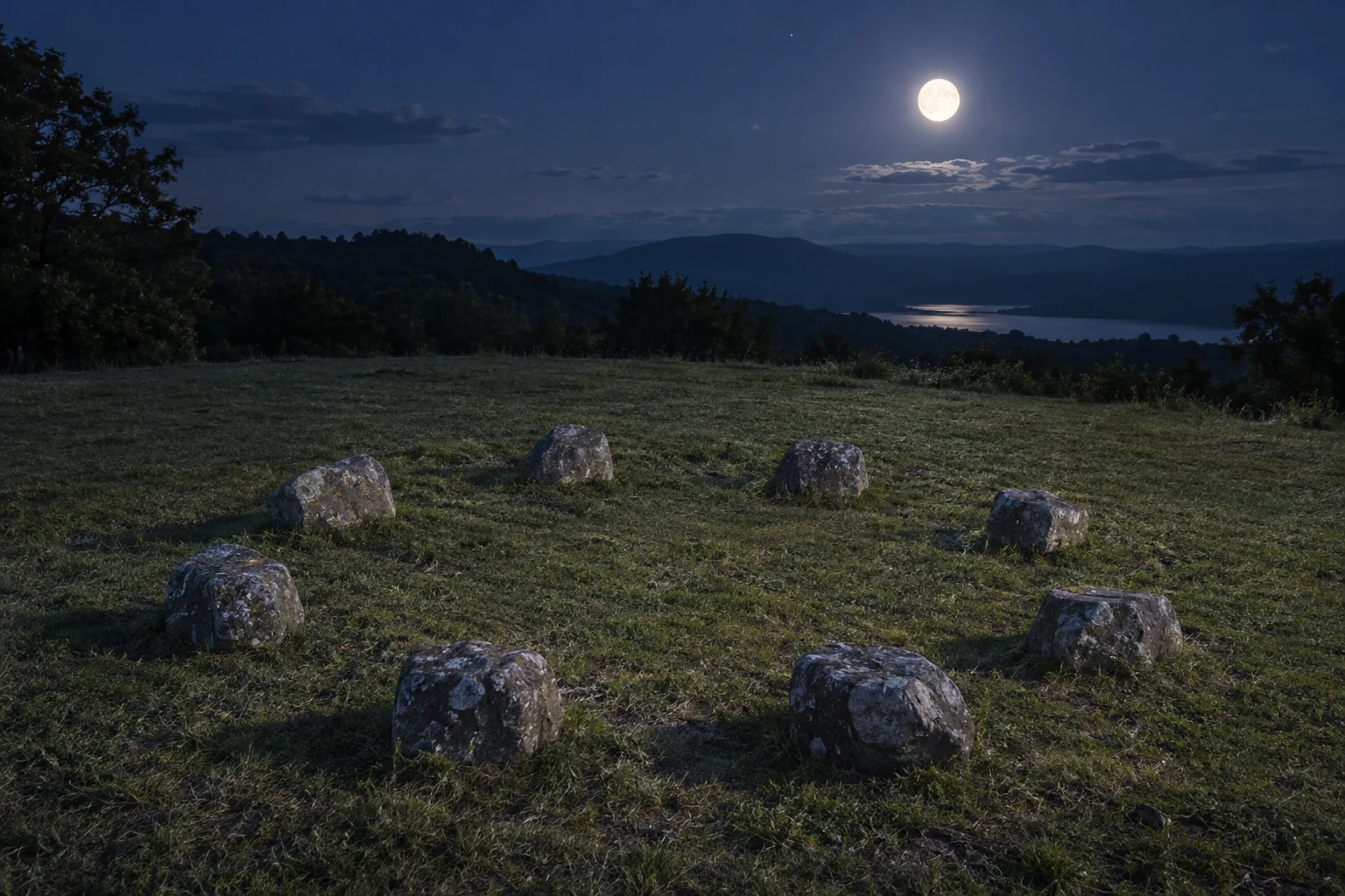 Eight stones form an empty circle in a grassy clearing beneath a full moon.