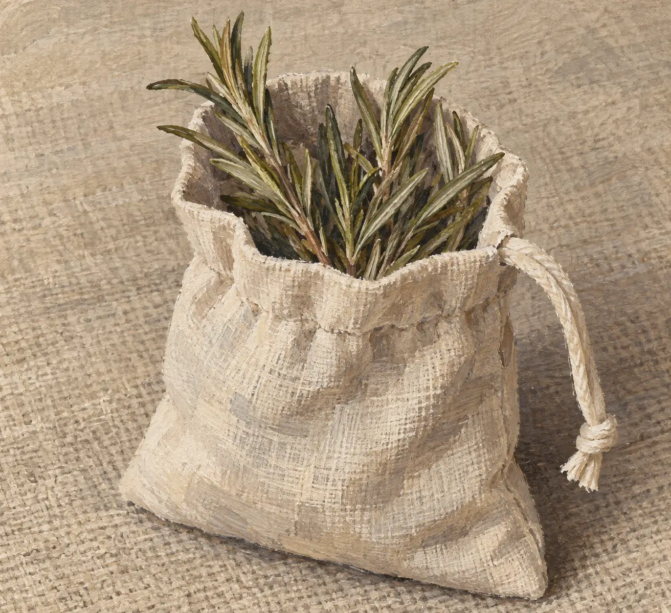 Dried rosemary sprigs protruding from a small open drawstring pouch.