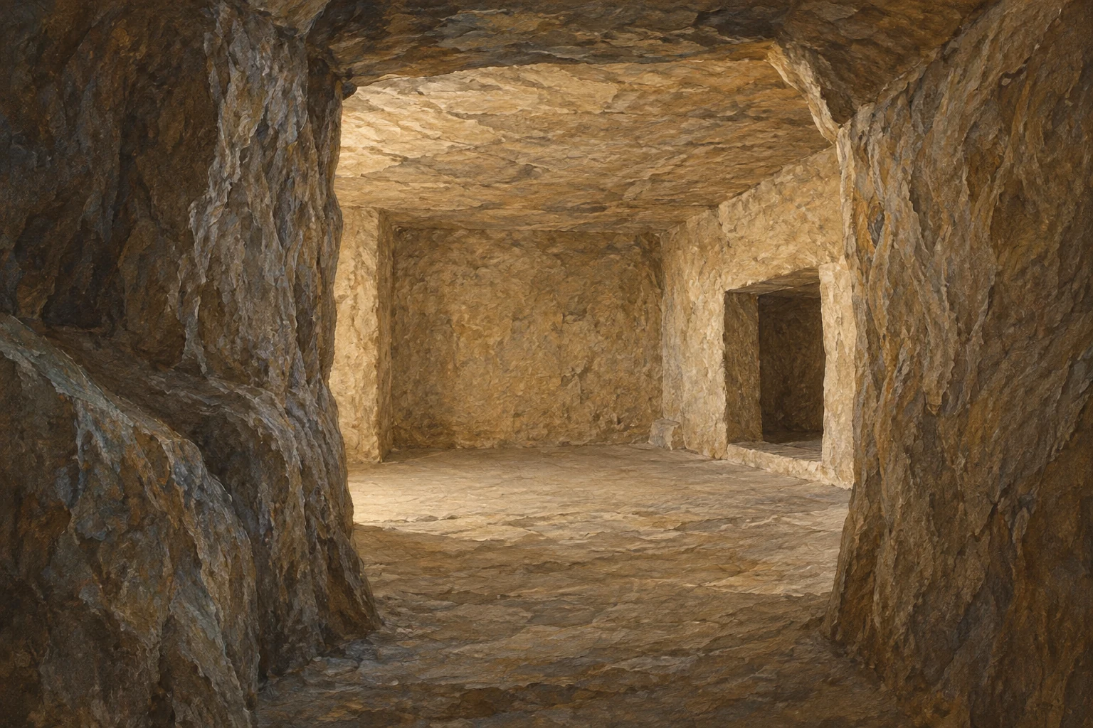 Illustration of a rock-cut passage leading into a chamber with a smaller opening in its side wall.