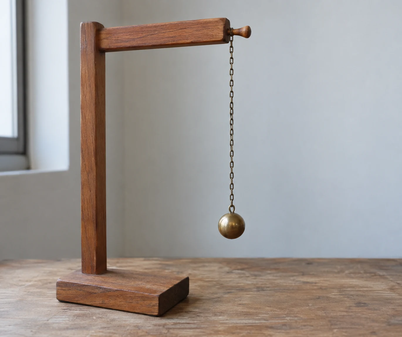 A pendulum hangs from a wooden stand, its weight clear of the tabletop.