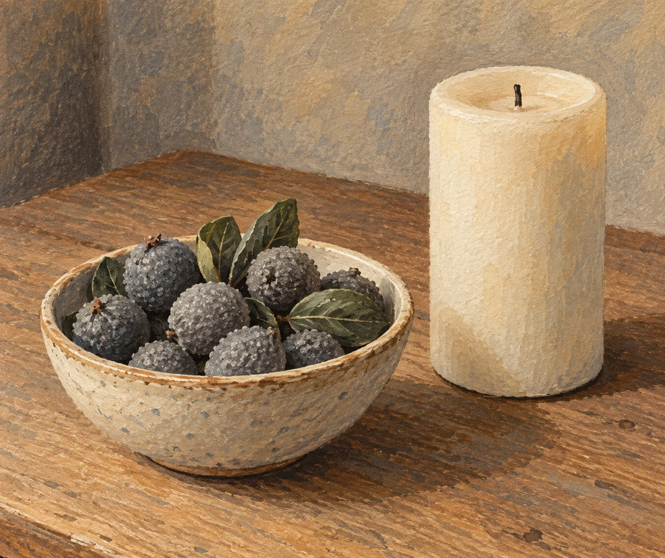 Illustration of gray bayberries in a shallow bowl beside a plain, unlit candle.