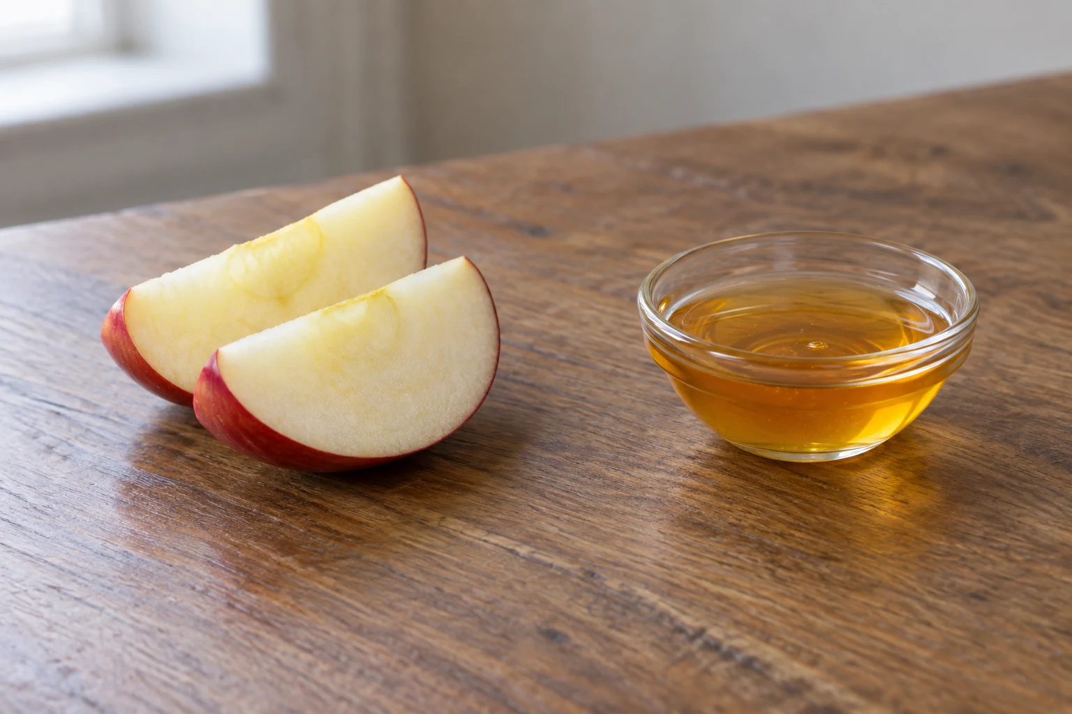 Two red-skinned apple wedges beside a small bowl of honey.