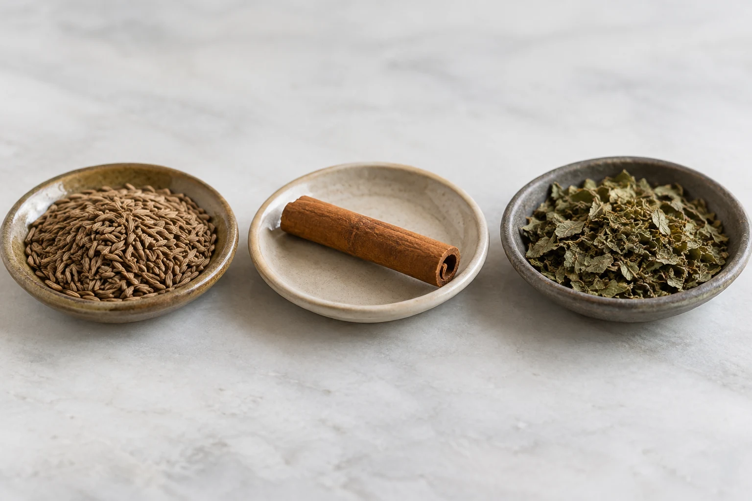 Separate dishes of cumin seeds, a cinnamon stick, and dried leafy herbs.
