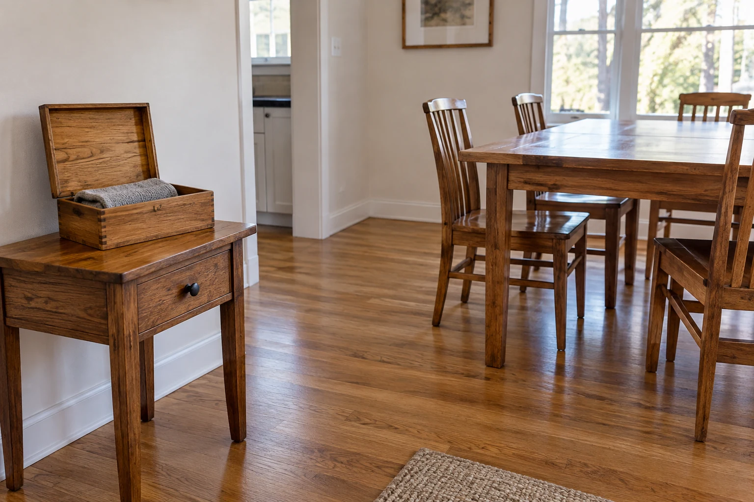 Open box with a folded cloth on a side table, apart from an empty dining table.