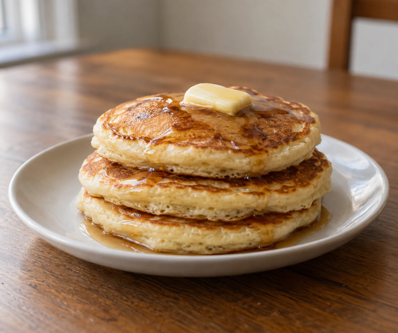 Small stack of pancakes on a plain plate, illustrating a food associated with Shrovetide.