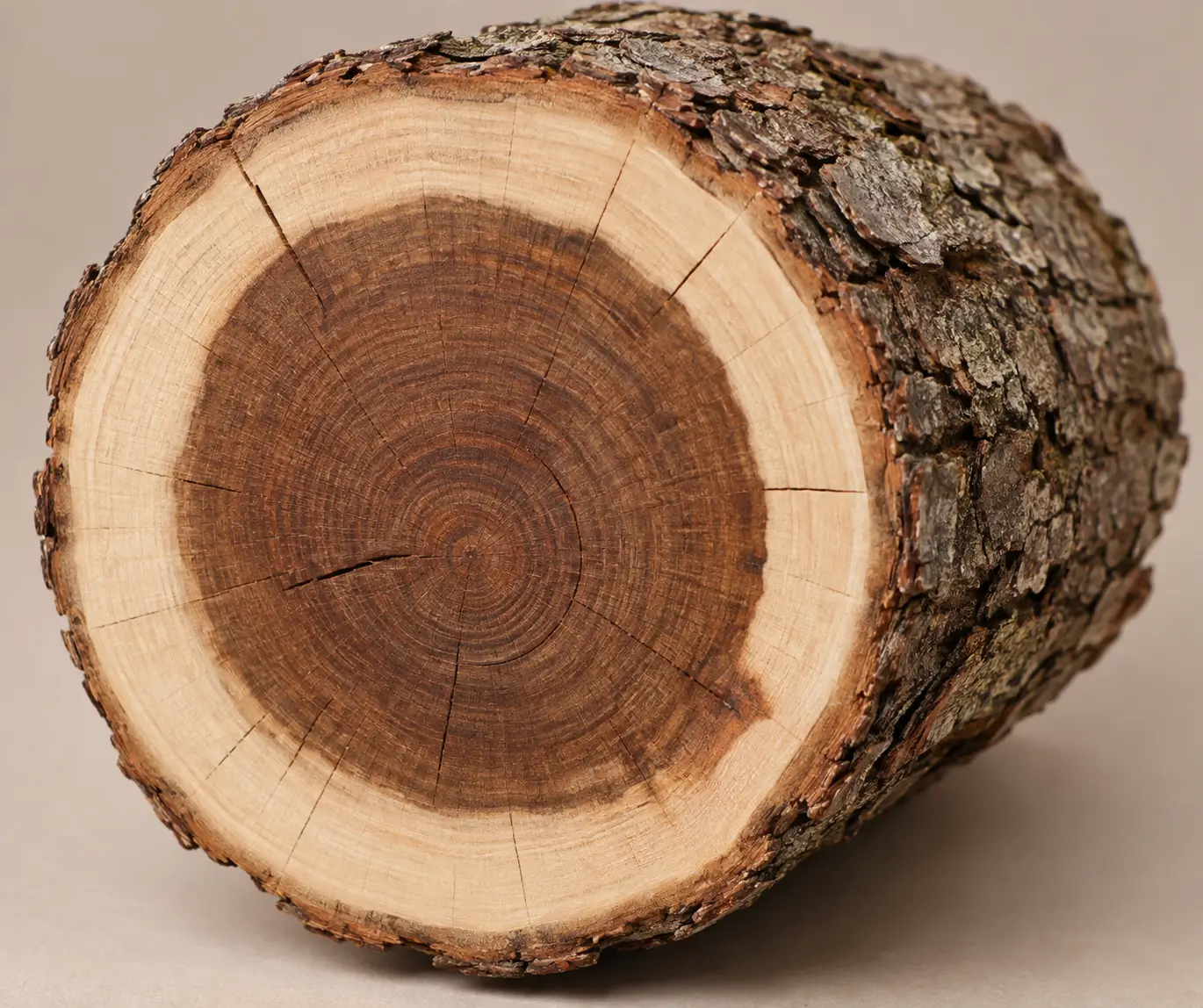 Close view of a cut wood segment with darker heartwood inside lighter sapwood and bark.