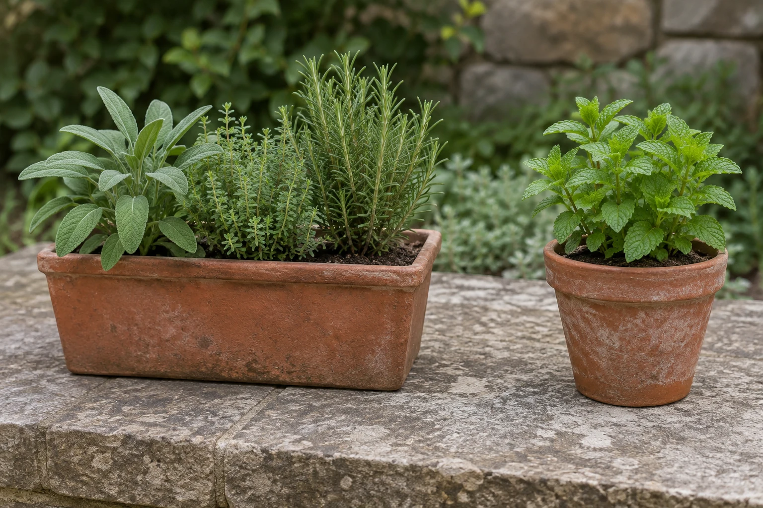 Sage, thyme, and rosemary together in a planter, with mint in a separate pot nearby.