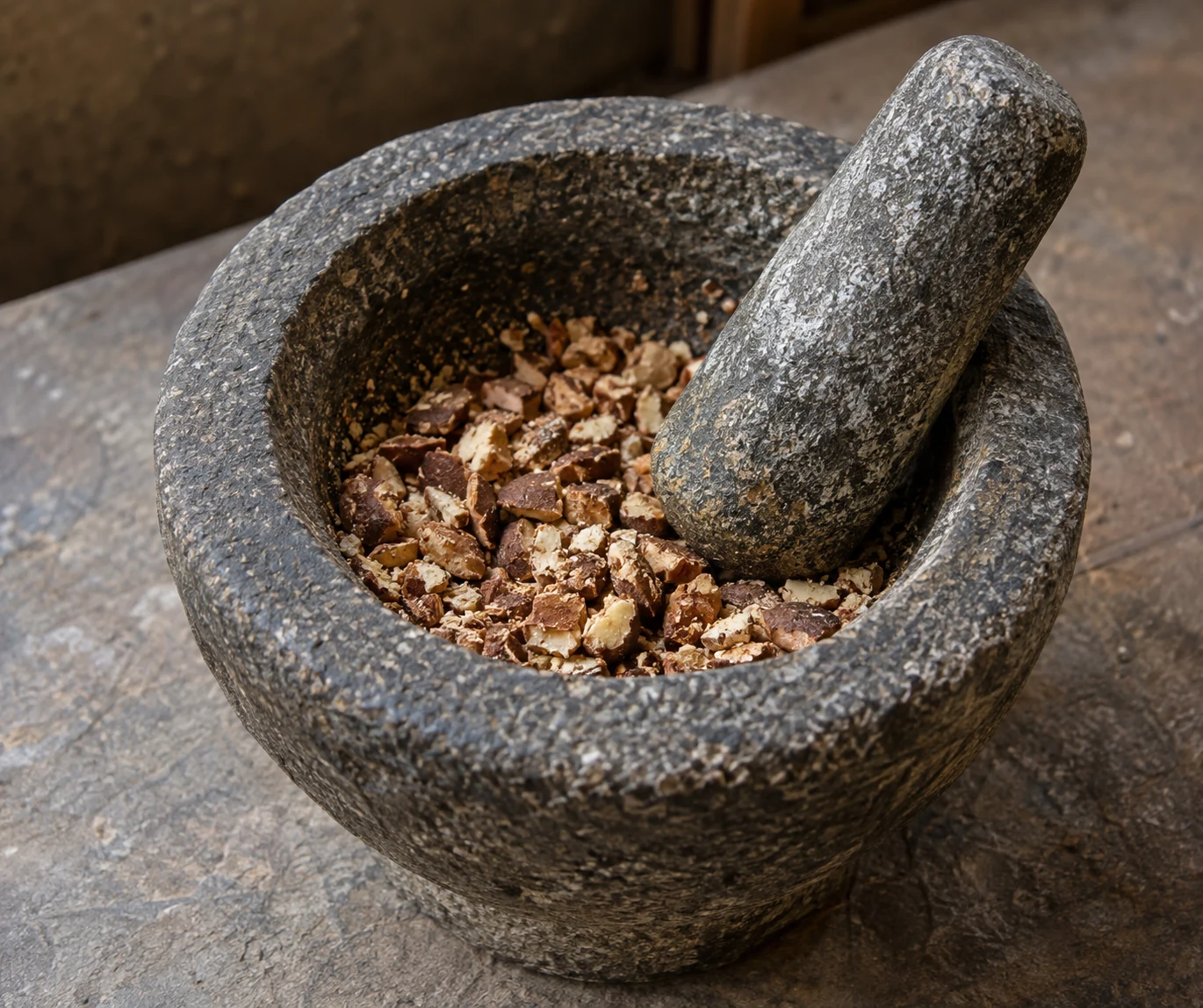Coarse acorn fragments in a stone mortar with a pestle resting inside.