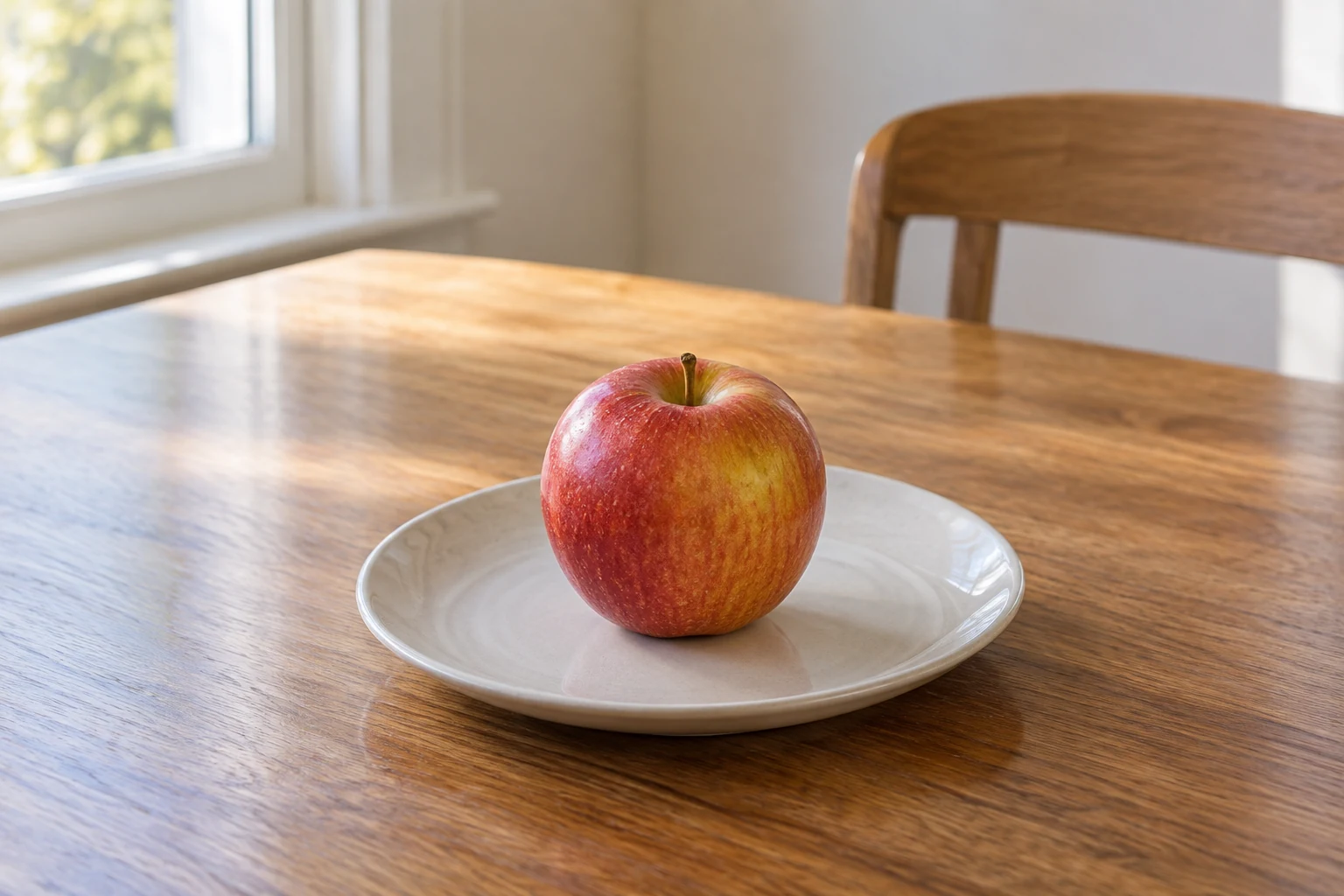 A single apple on a plate at a clear dining table.
