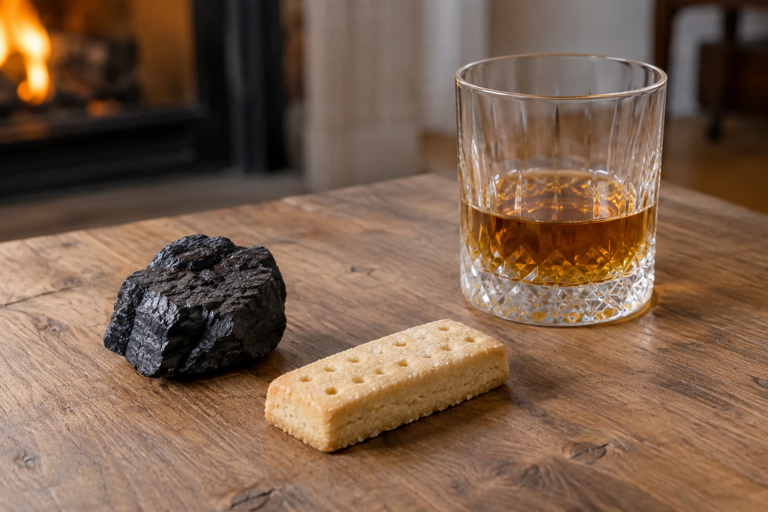 A piece of coal, a piece of shortbread and a tumbler of amber liquid arranged separately on a table.