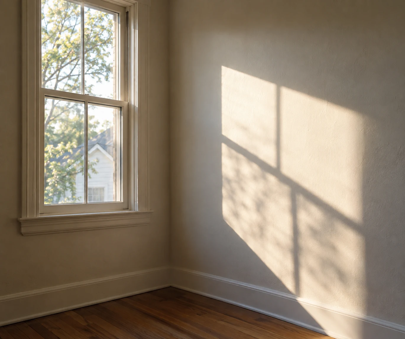 Daylight through a window casts the window-frame shadow on an interior wall.