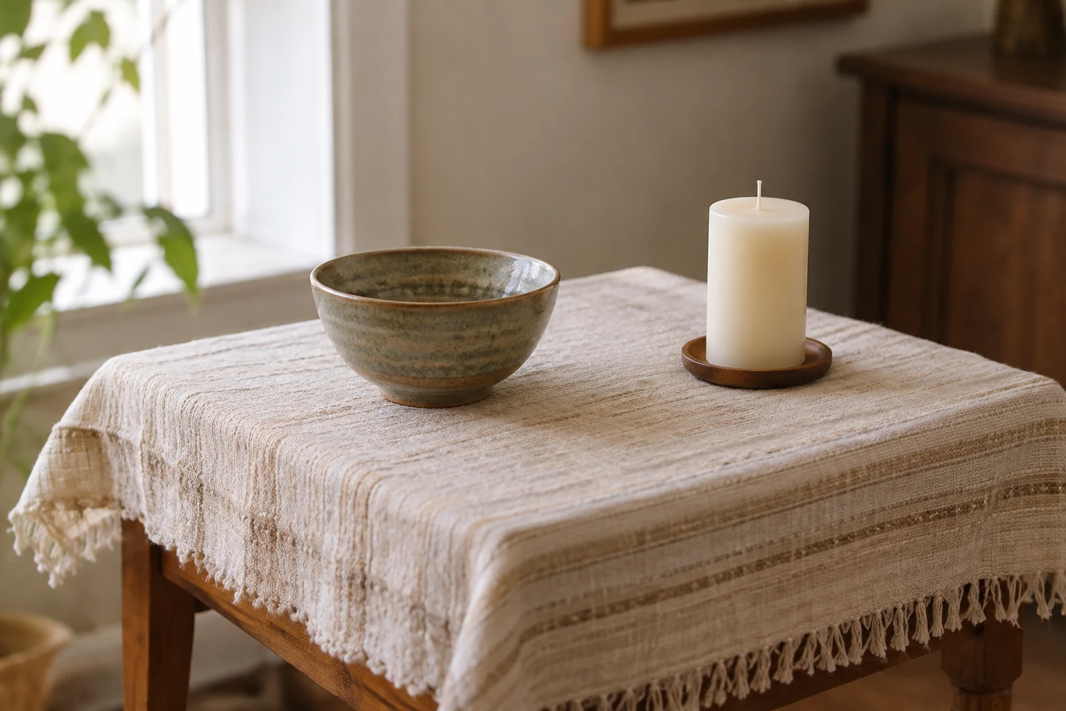 A ceramic bowl and an unlit candle on a cloth-covered table.