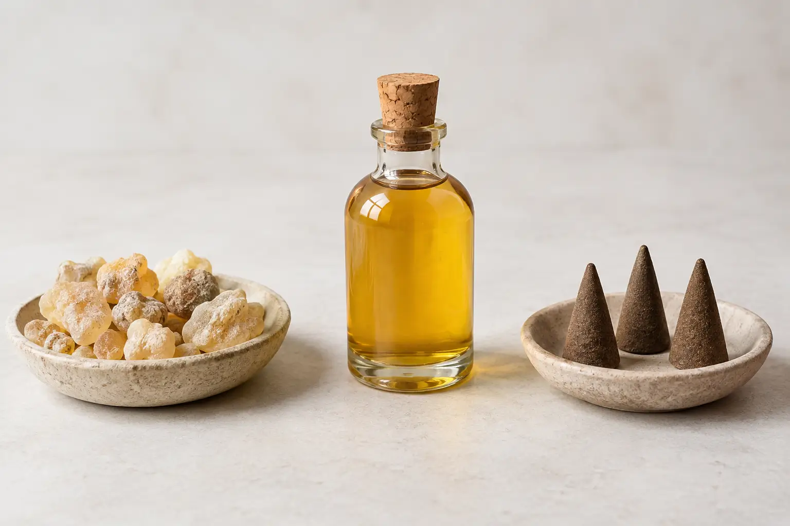 Separate resin pieces, a stoppered amber bottle of golden liquid, and three unlit incense cones arranged together.