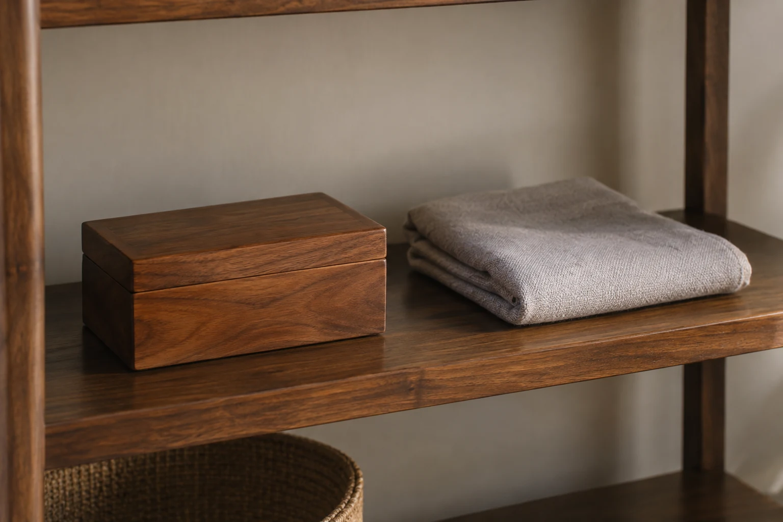 Closed wooden box and folded cloth on a home shelf.