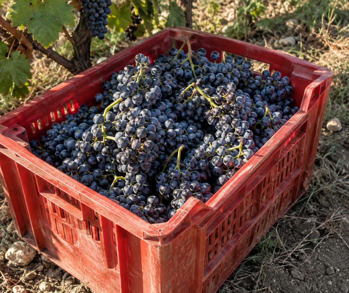 Cut grape bunches with visible stems rest in an open red harvest crate.