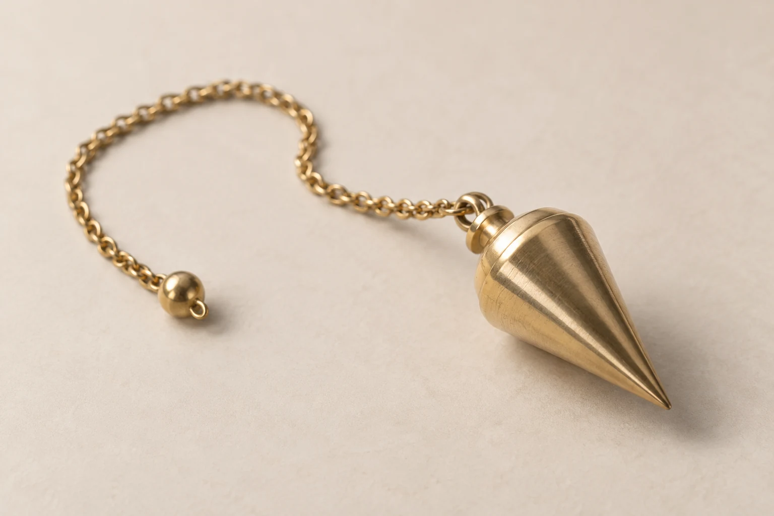 A pendulum weight and its loosely curved chain rest on a plain surface.