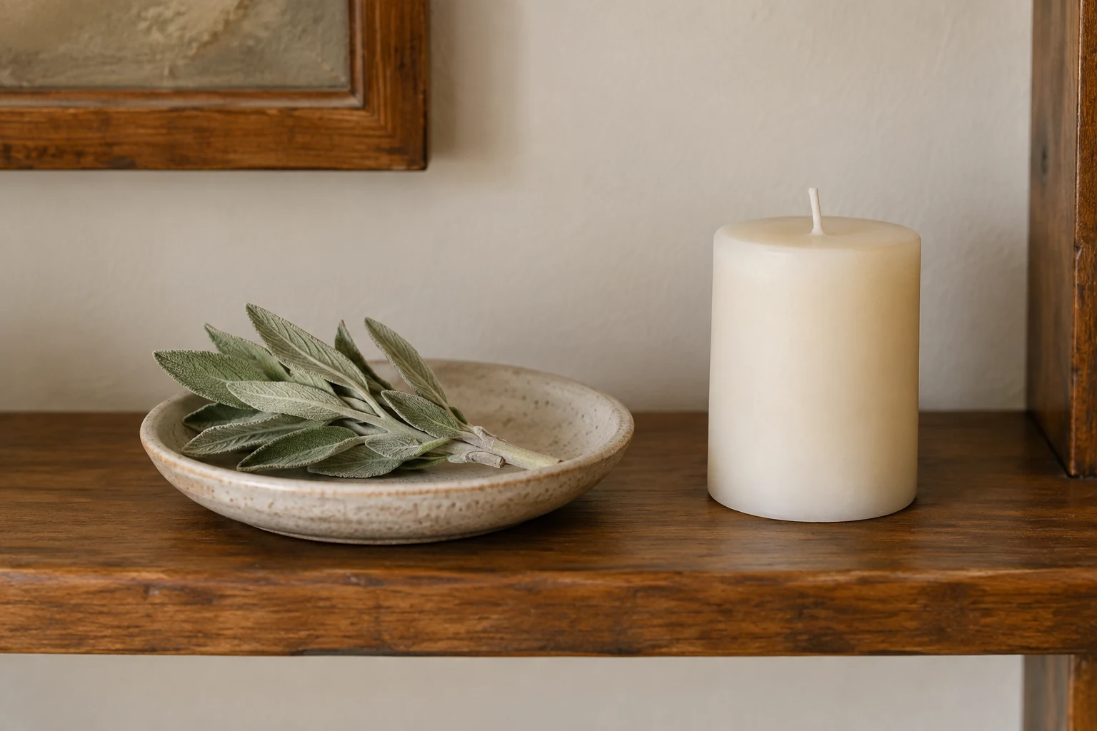 A sage sprig on a ceramic dish beside an unlit candle on a shelf.
