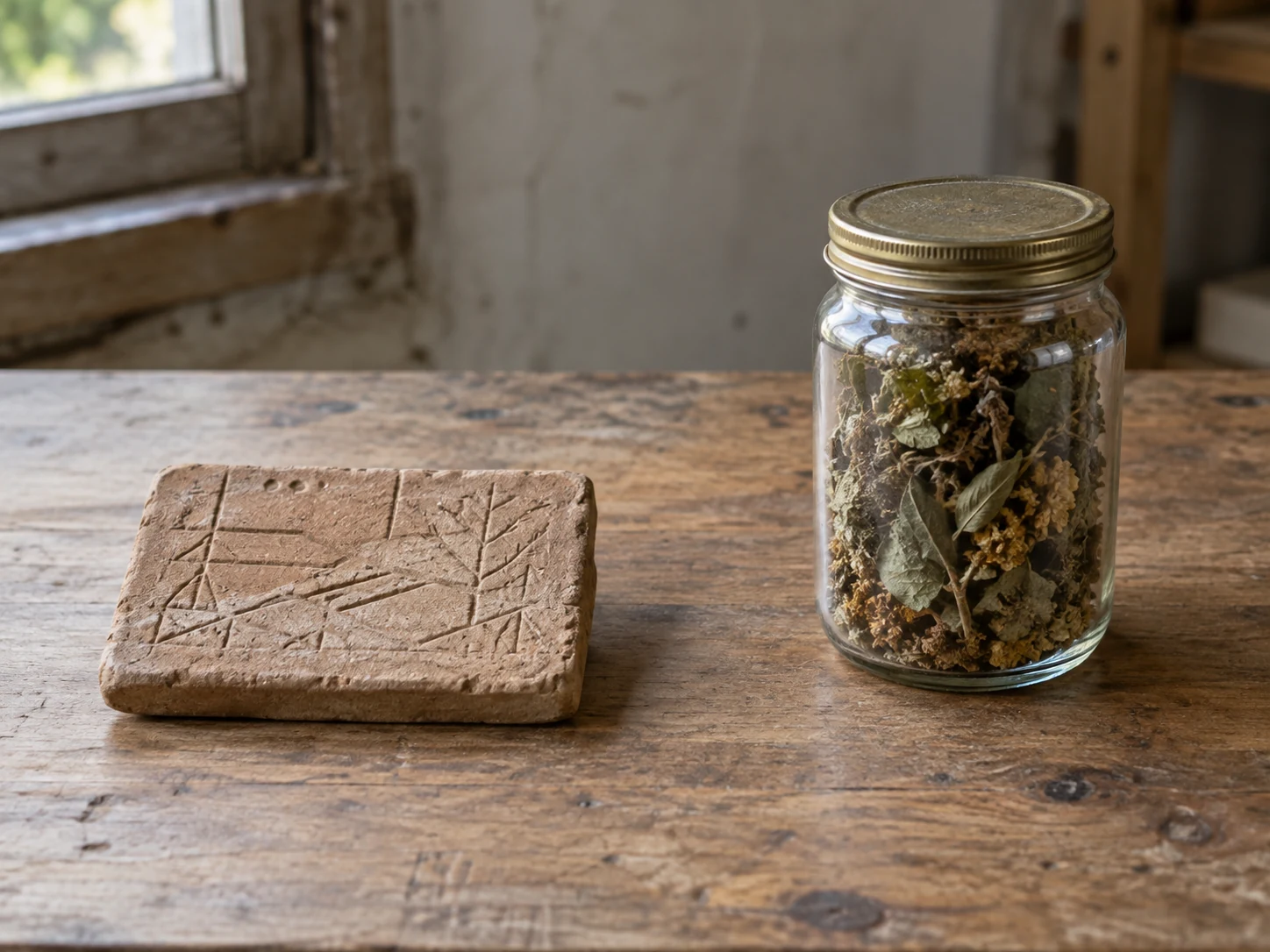 Incised clay plaque beside a closed jar of dried botanical material, with space between them.