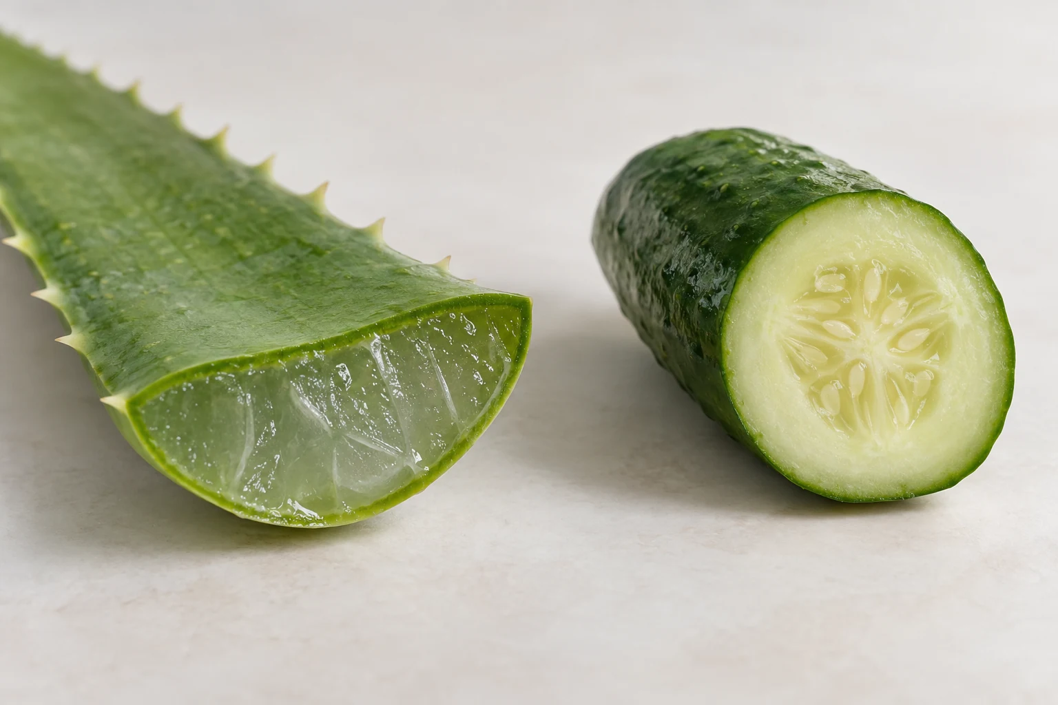 Cut aloe leaf beside a cucumber half, with both interiors visible.