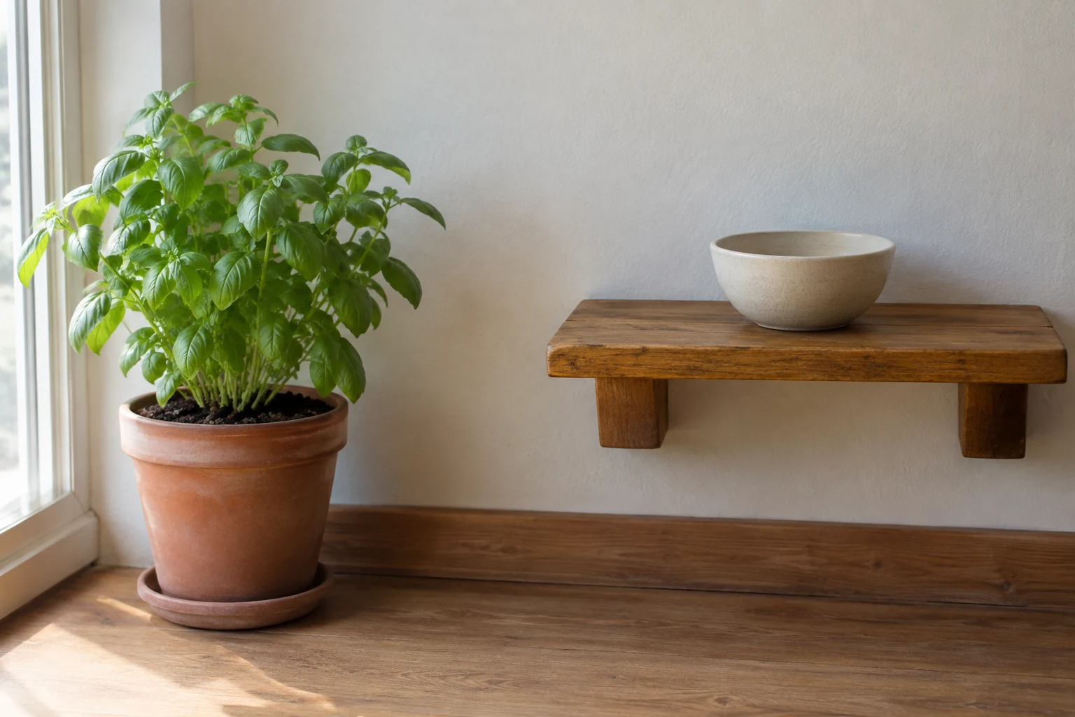 A living potted herb stands beside a small shelf with an empty ceramic bowl.