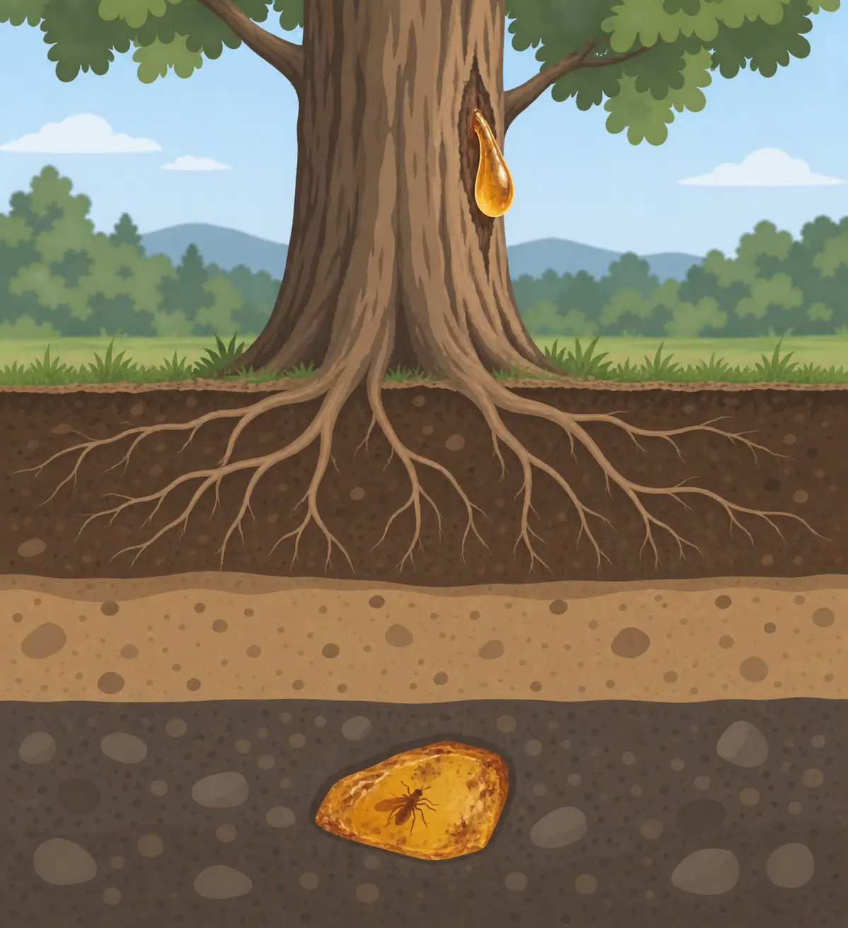 Cutaway illustration of fresh resin on tree bark above a separate fossil amber piece enclosed in sediment.