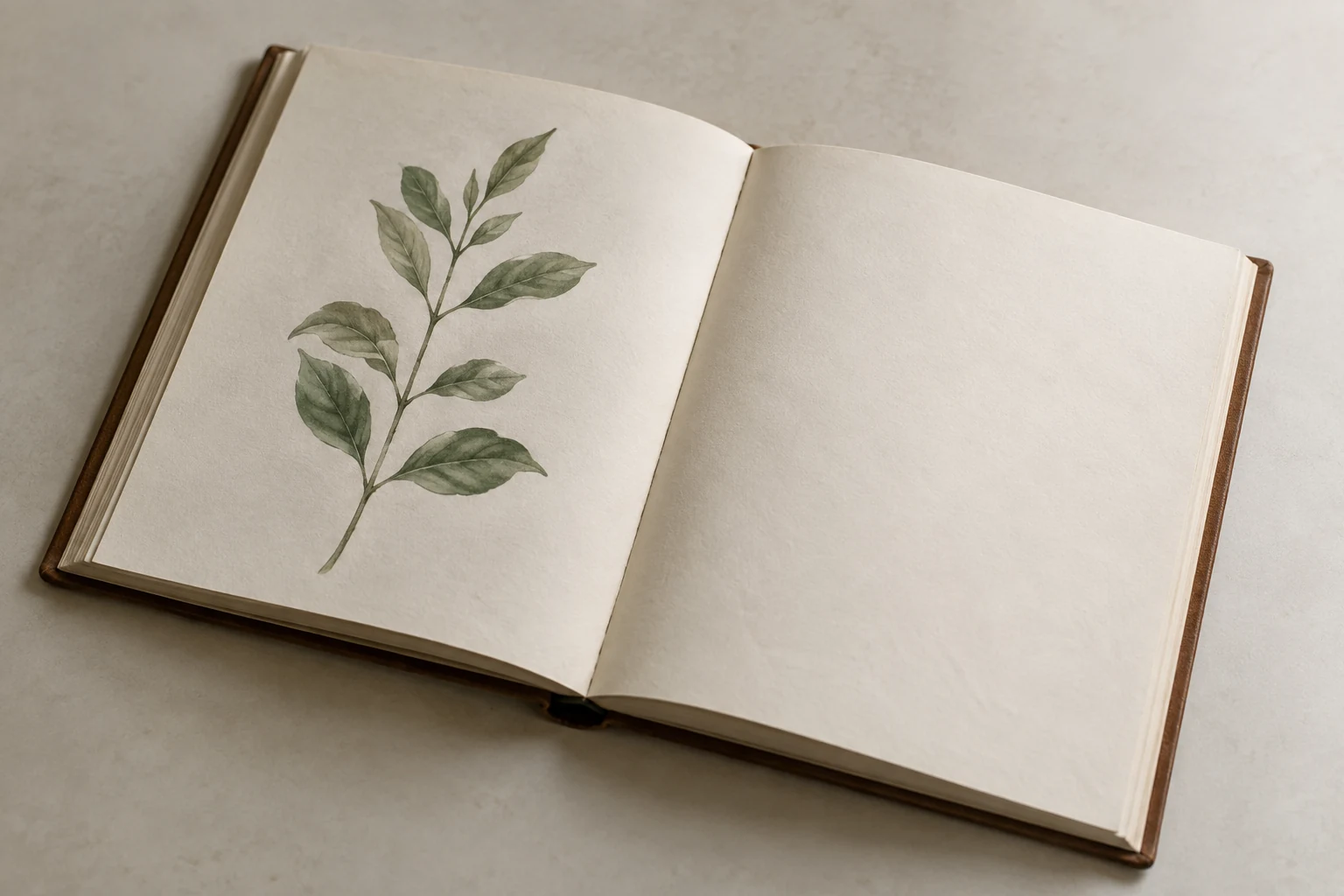 Open journal with a botanical drawing of a leafy stem on one page and an empty facing page.