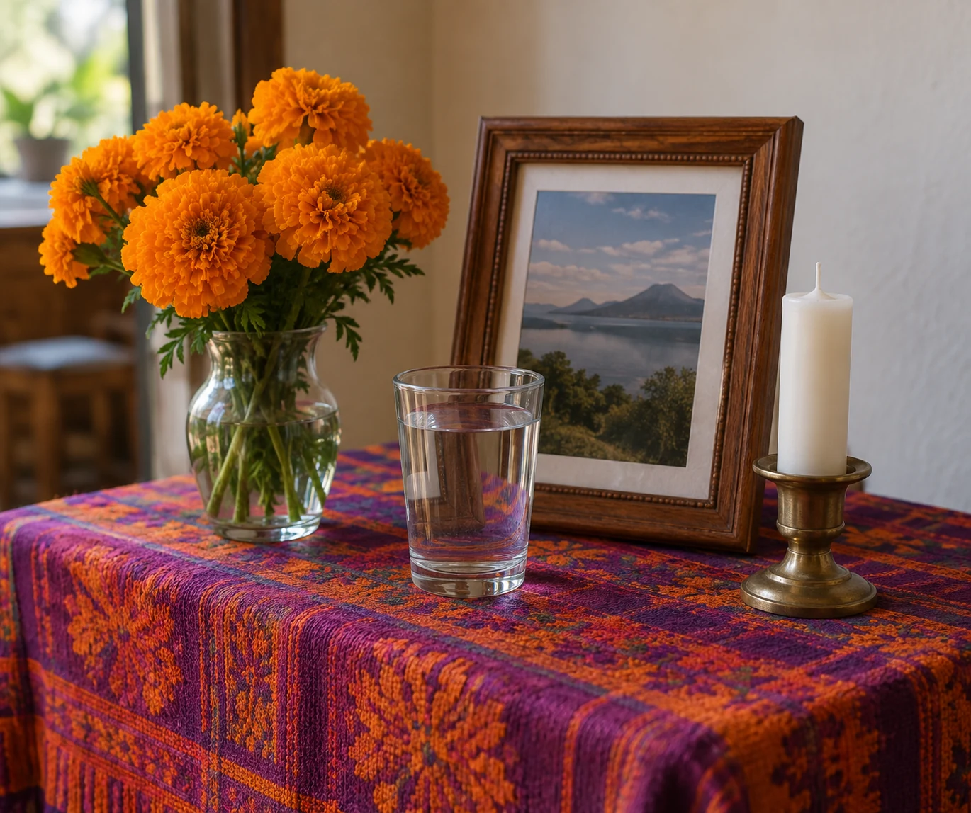 Marigolds, water, an unlit candle, and a framed landscape photograph arranged on a table.