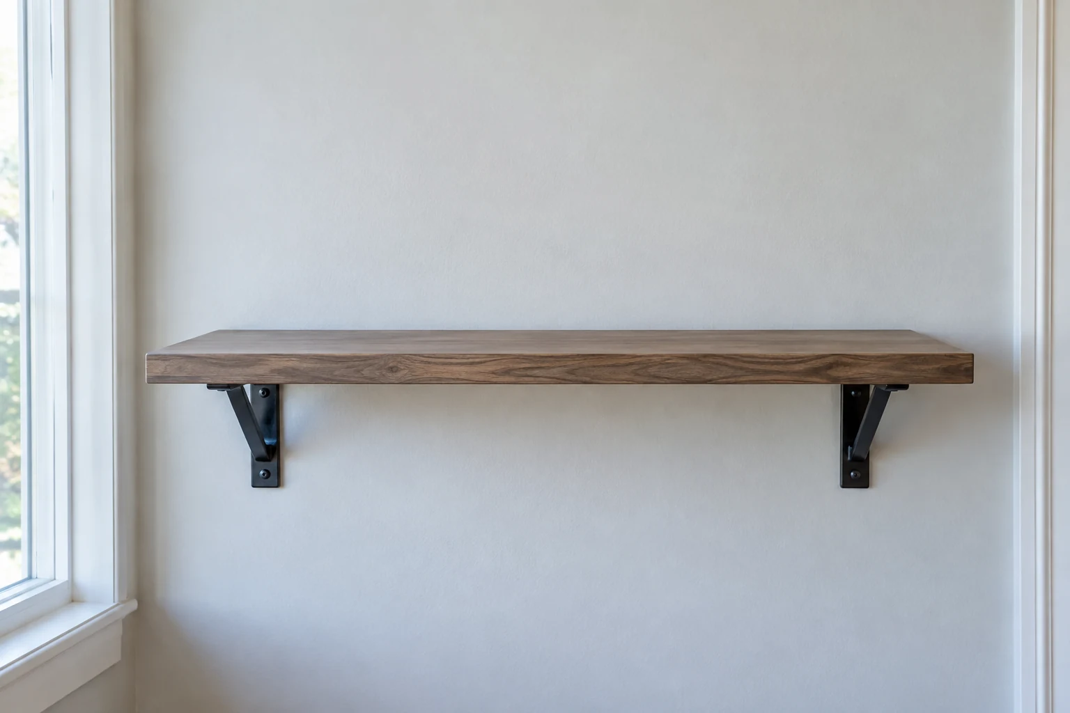 An empty, level wall shelf with a clear surface.