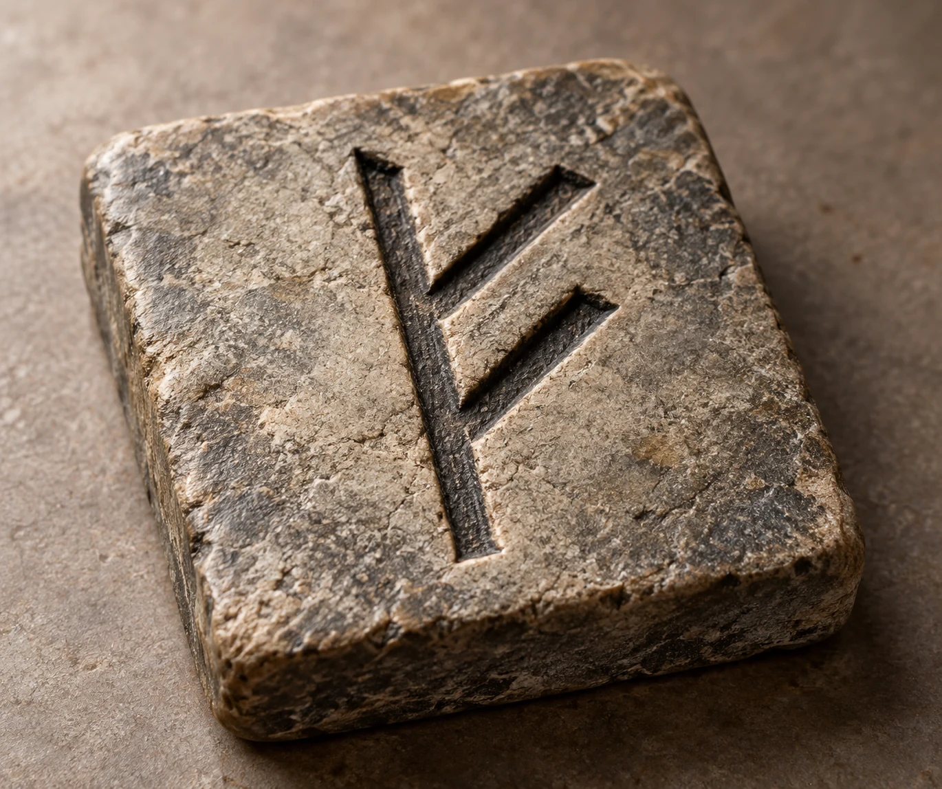 One stone rune tile with an angular symbol carved into its face.