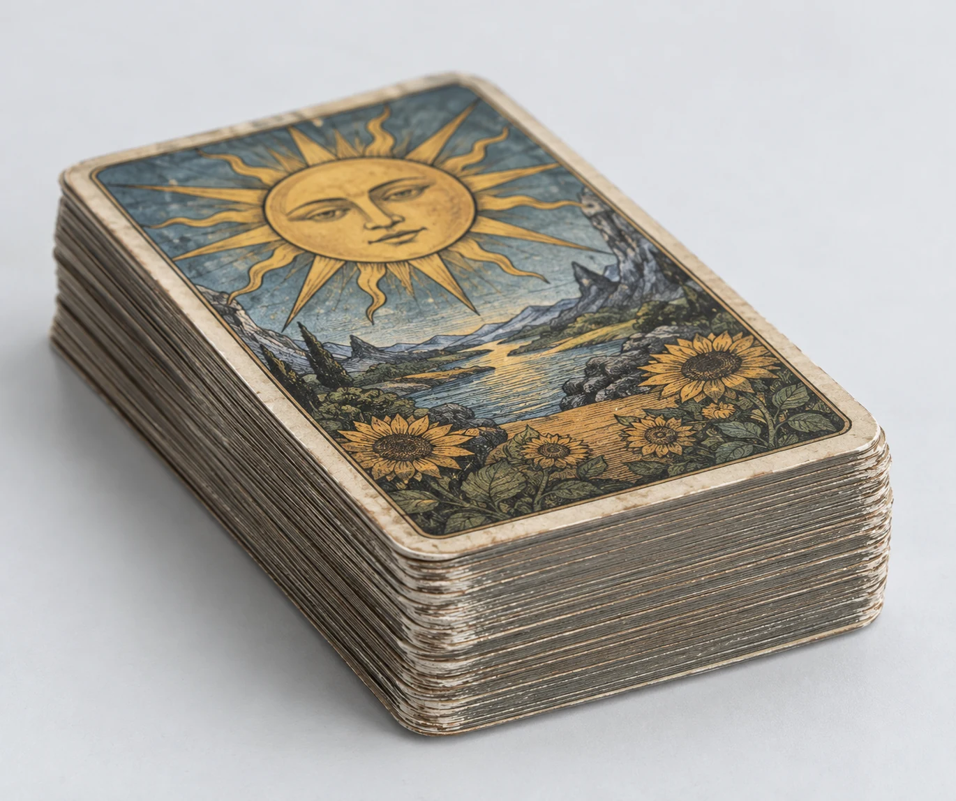 Close view of a stacked tarot deck showing its illustrated top card and lightly worn edges.
