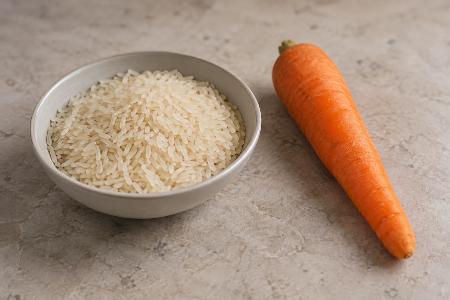 Bowl of uncooked rice beside a whole carrot.