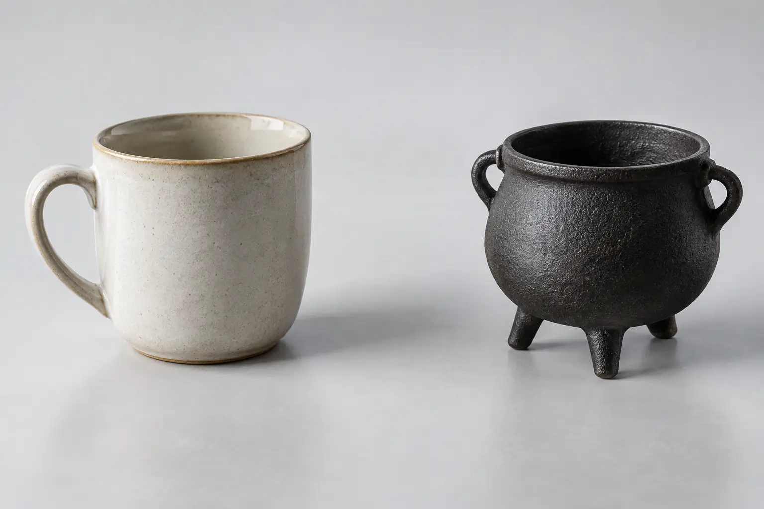 A plain ceramic cup and a small three-footed iron cauldron displayed side by side.