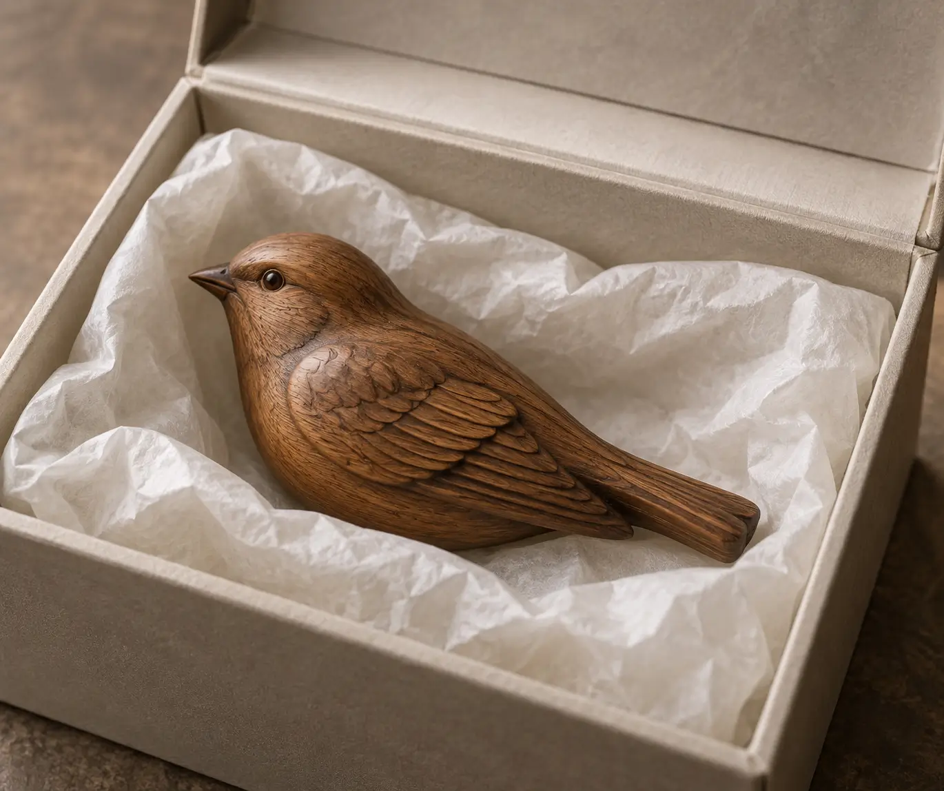 Small carved wooden keepsake supported by tissue inside an open protective box.