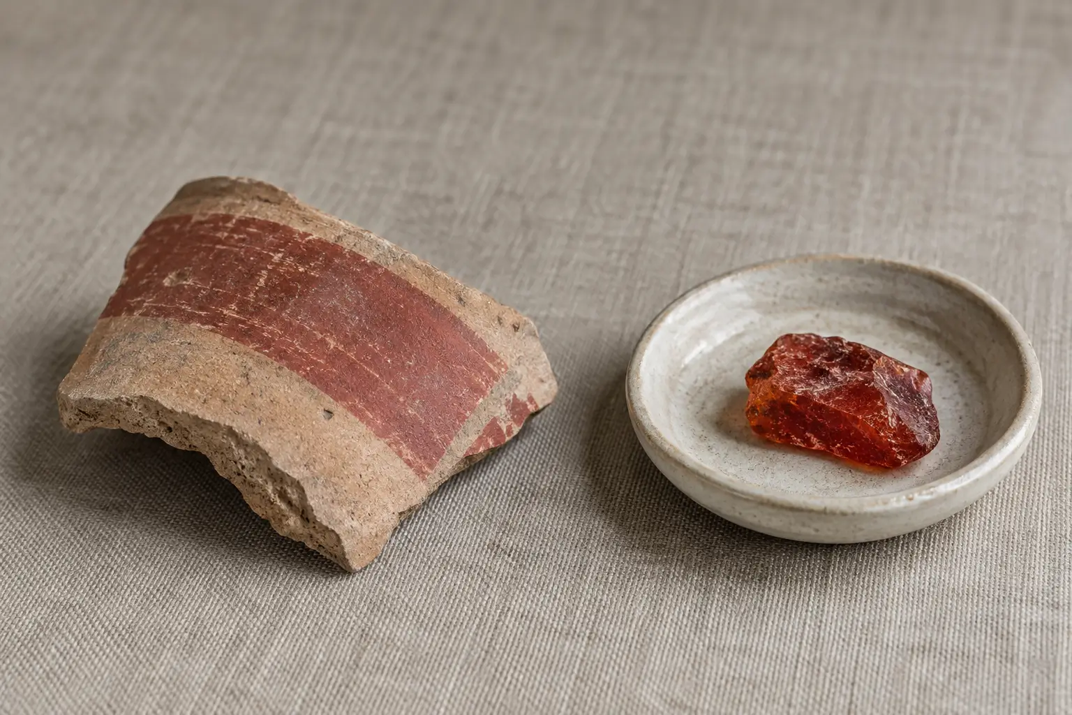 Red-painted clay pottery fragment beside a dish holding one piece of red resin.