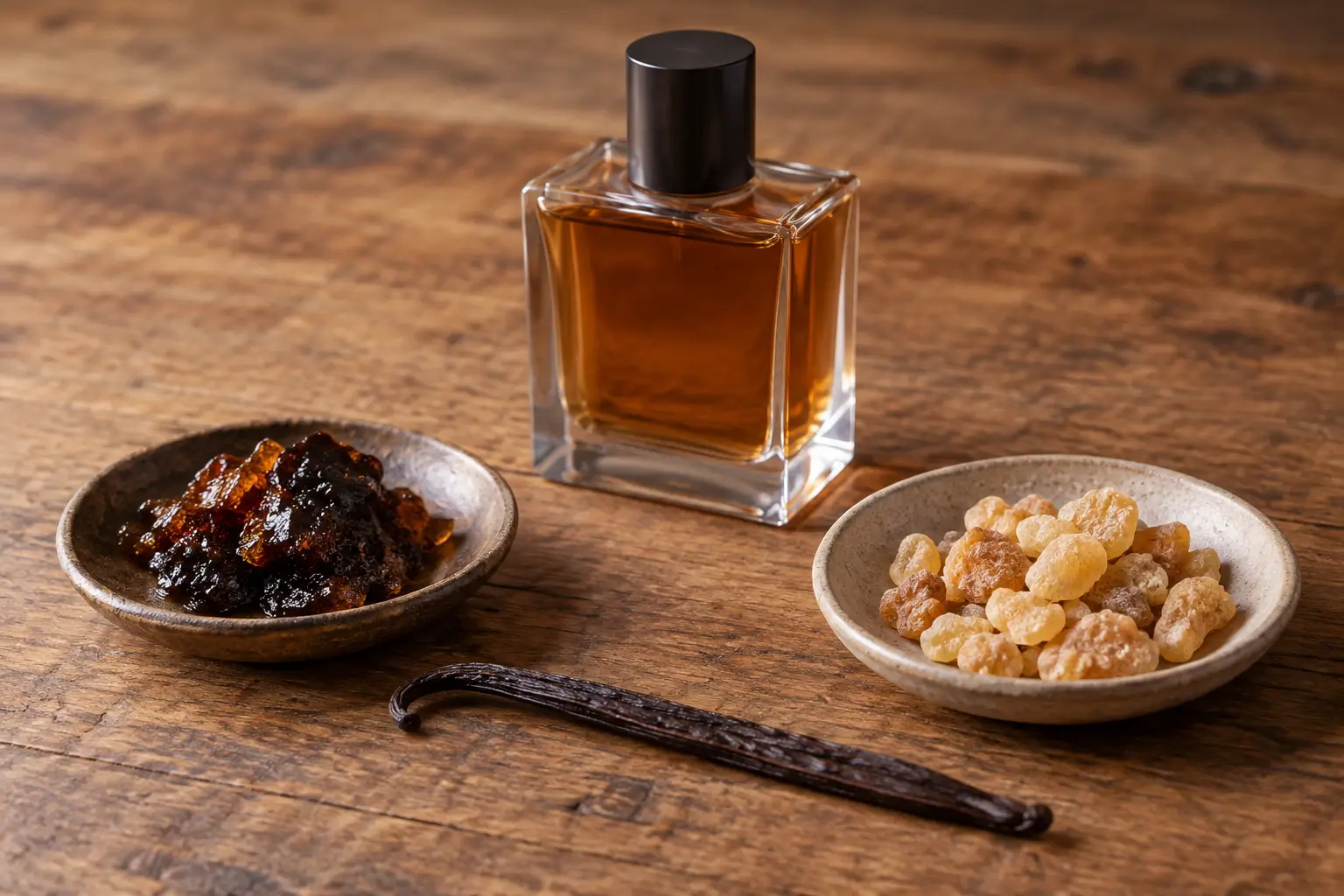 An unmarked perfume bottle with separate dishes of dark labdanum and pale benzoin resin plus one vanilla pod.