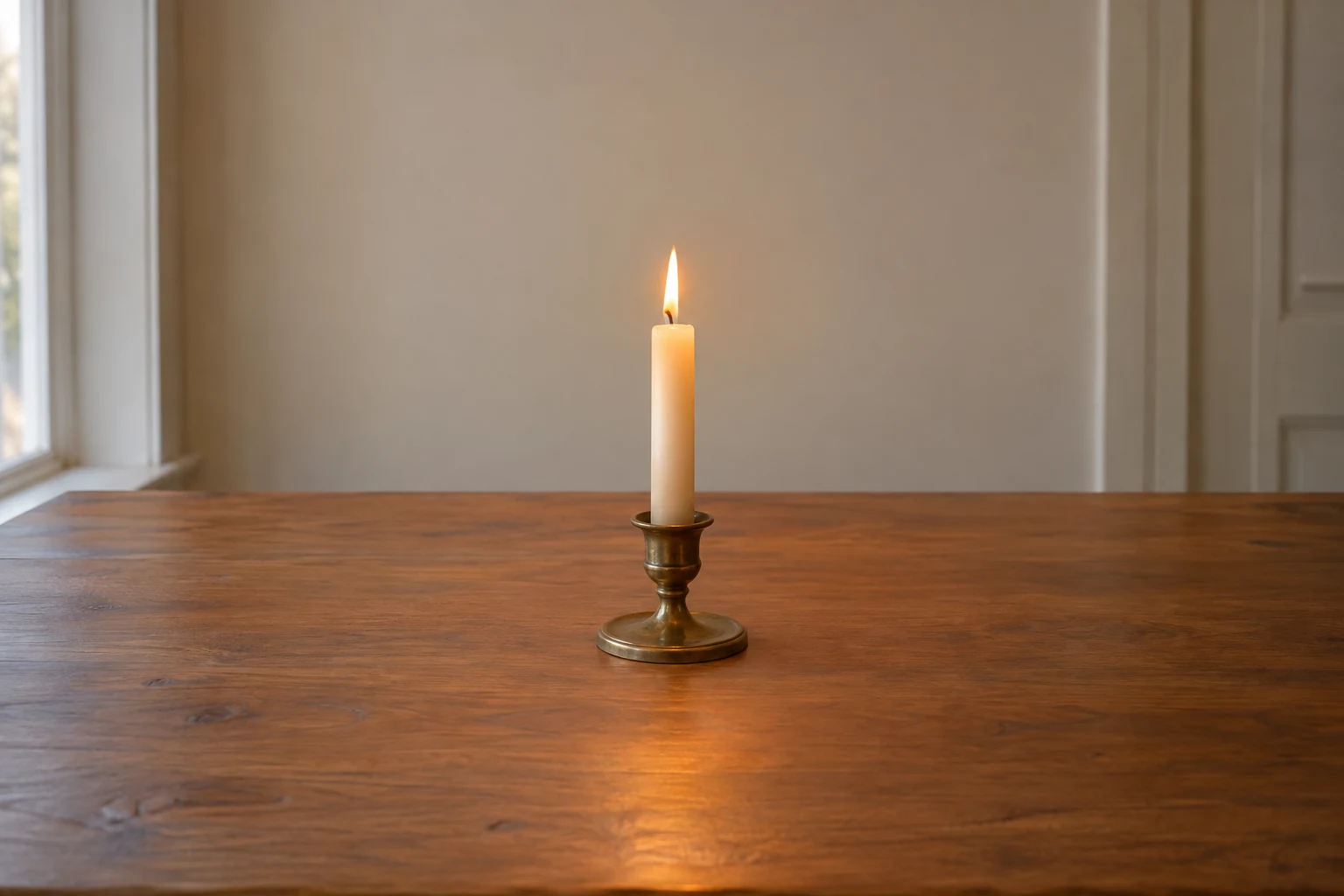 A lit candle in a sturdy holder on a clear tabletop.