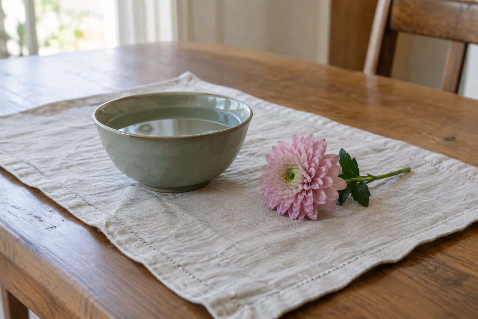 Bowl of water and cut flower on a cloth-covered table.
