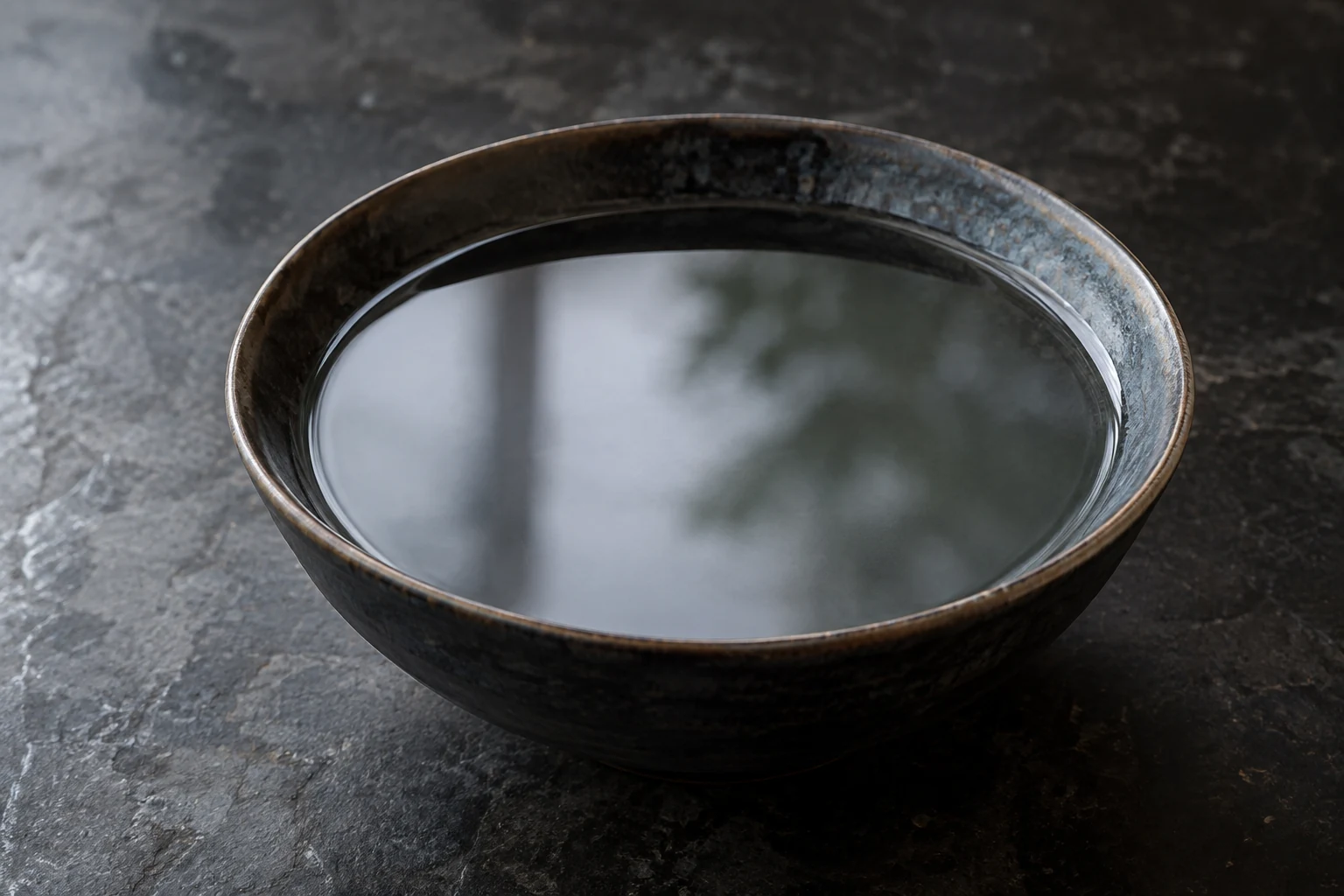 Still water in a shallow dark bowl reflects soft, indistinct light.