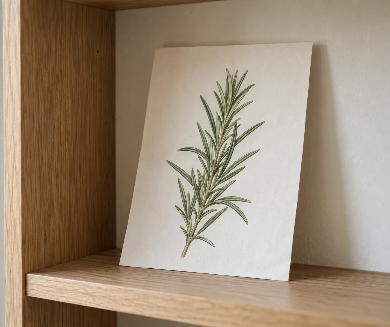 Unlettered drawing of a rosemary sprig resting on a home shelf.