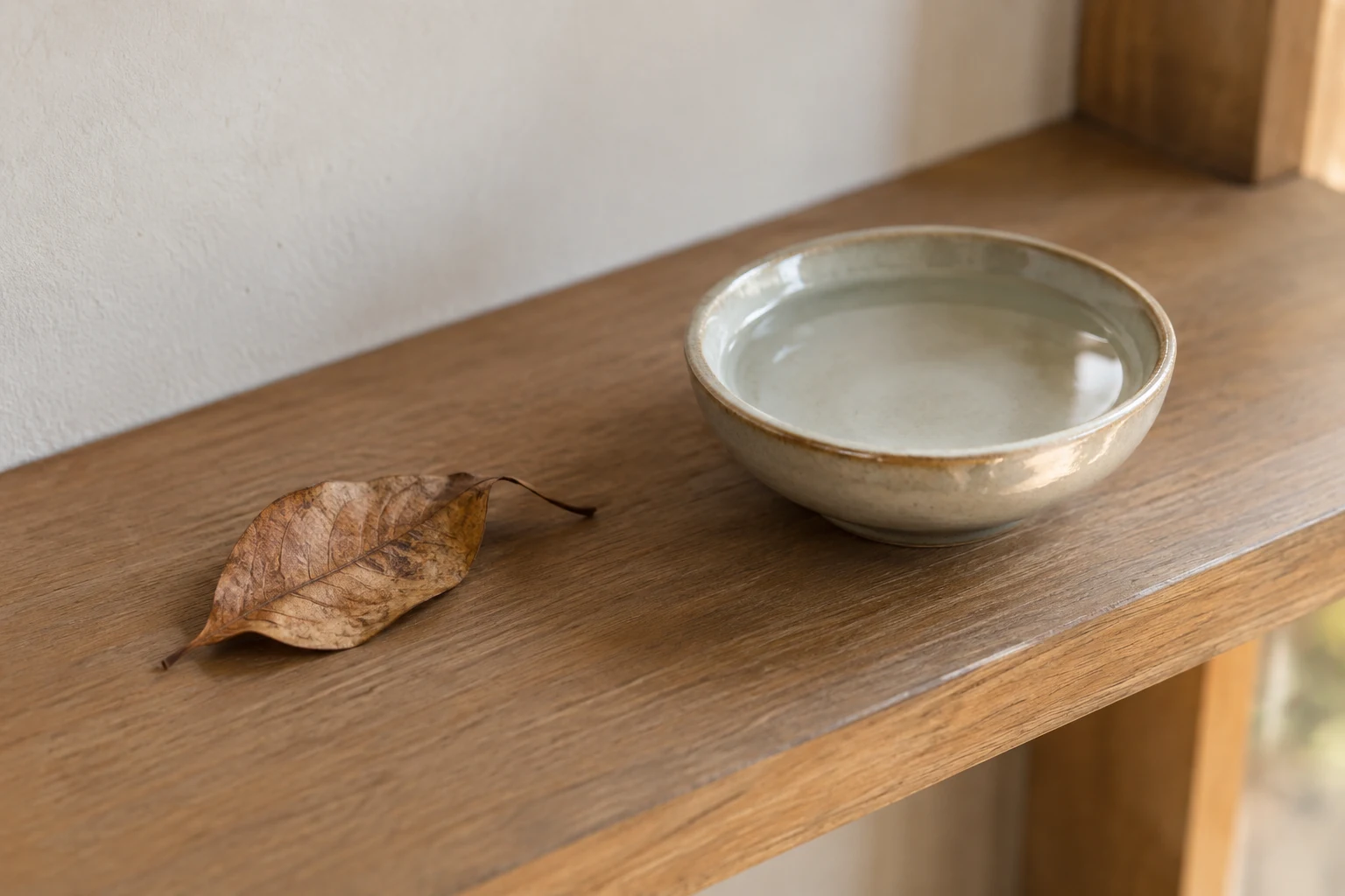 Dried leaf beside a shallow bowl of water on a shelf.