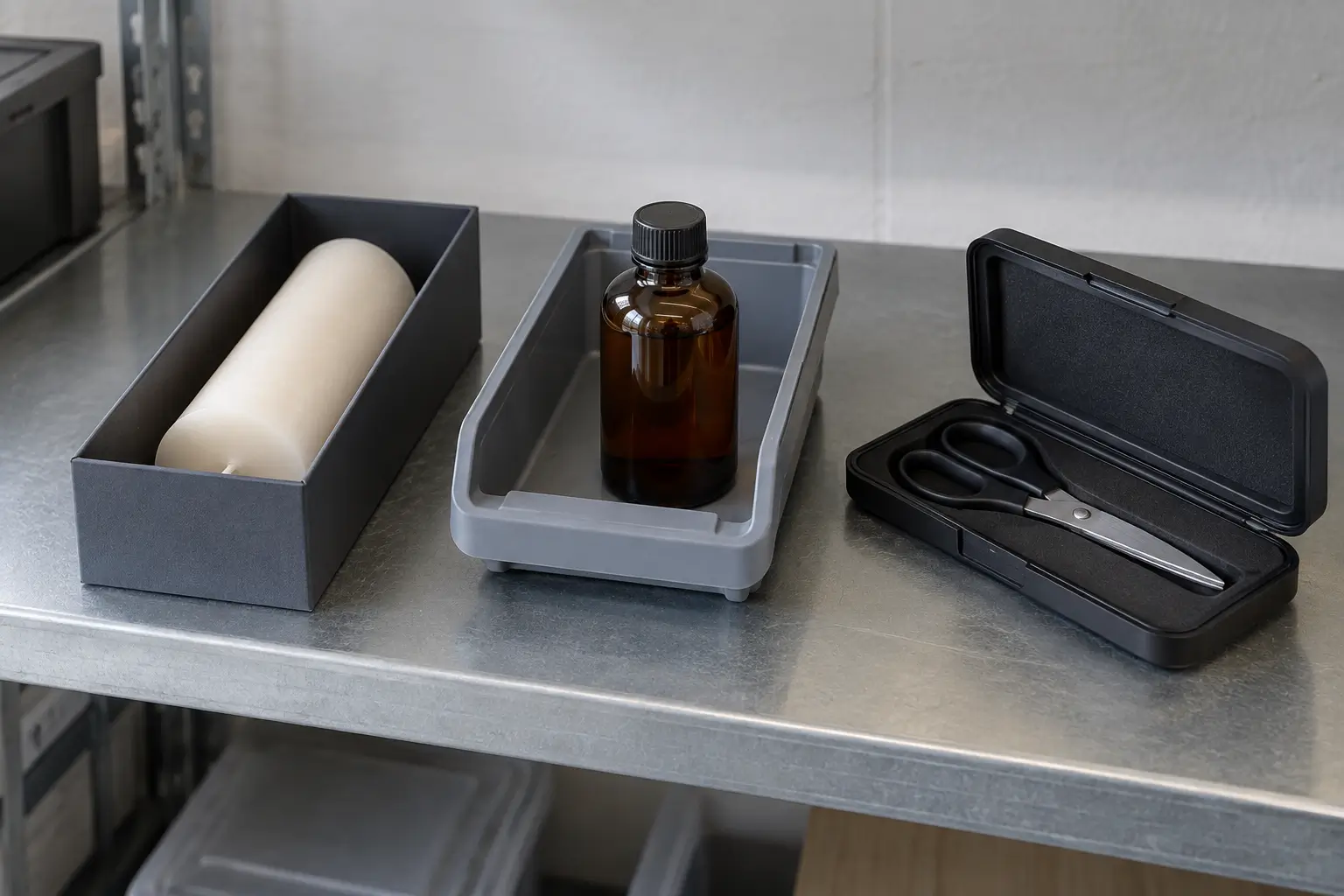 Separate protective enclosures hold an unlit candle, a sealed amber bottle, and closed scissors with clear gaps between them.