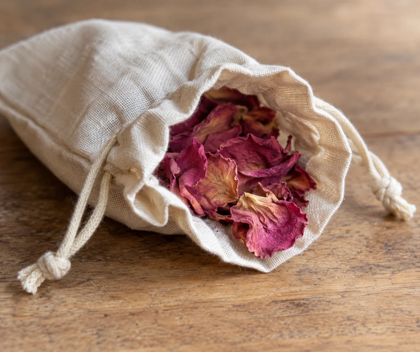 Dried rose petals visible inside an open fabric sachet.