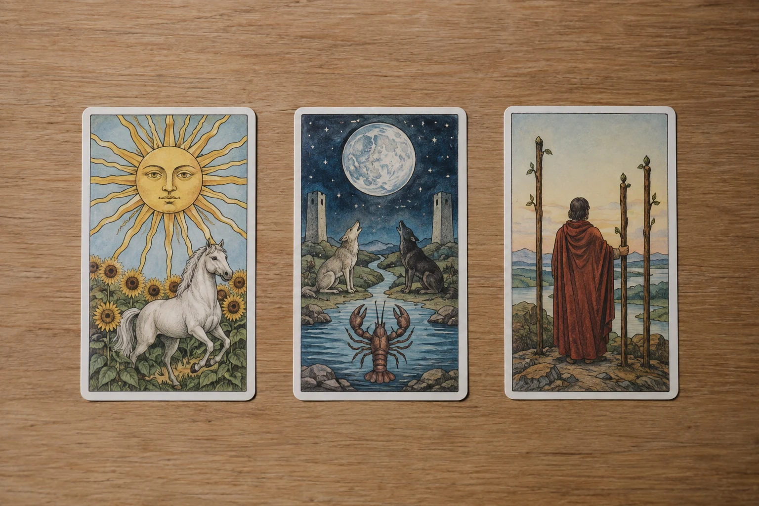 Three illustrated tarot cards laid face up in a row.