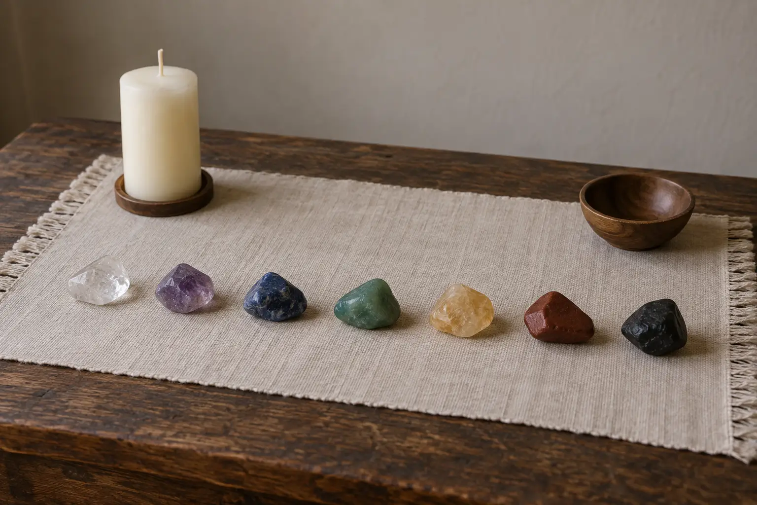 Seven stones arranged in order on an altar cloth beside an unlit candle and small bowl.